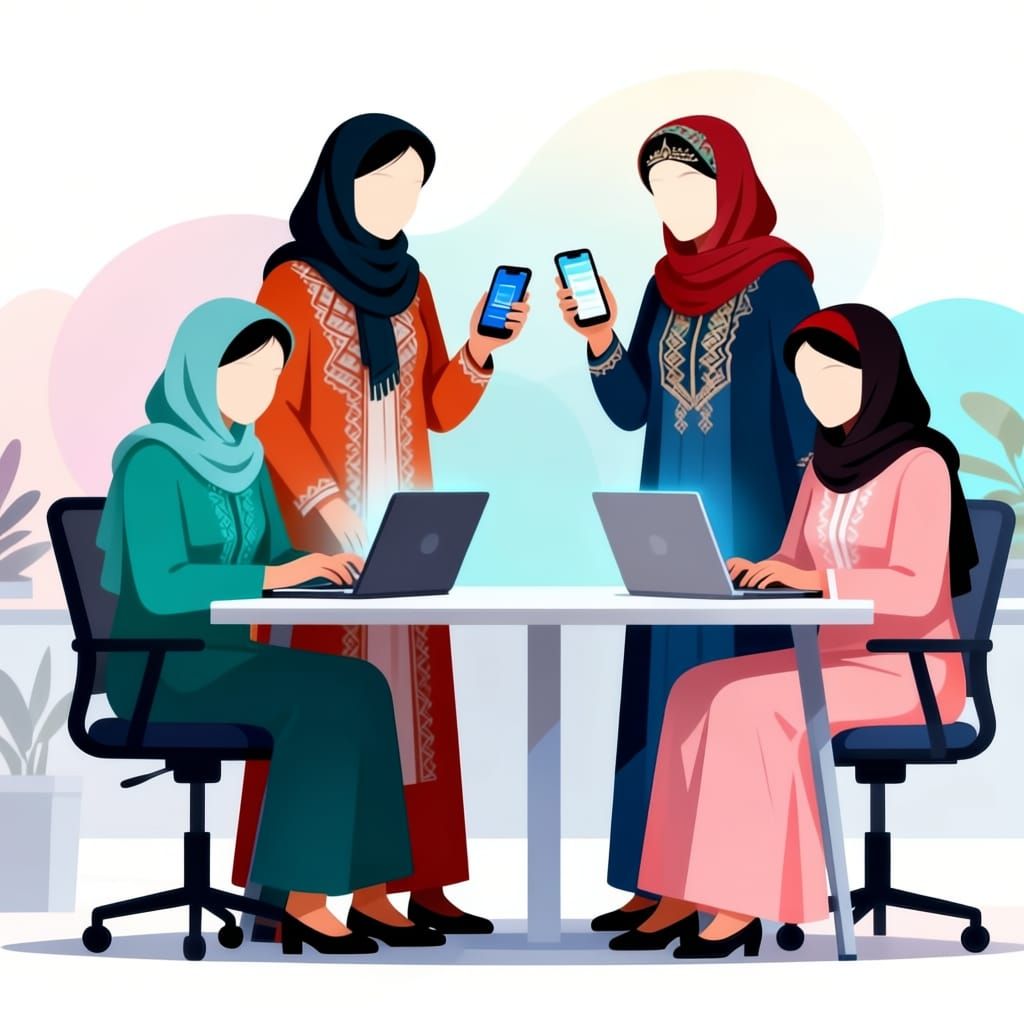 A flat design illustration showing four or five Afghan women collaborating in a modern, friendly workspace. They are using laptops, smartpho...