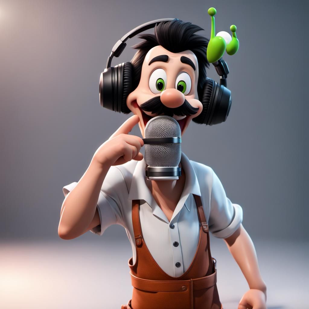 goofy singing ,big mic ,big music notes floating,AMD , GeForce RTX, 2TB ...