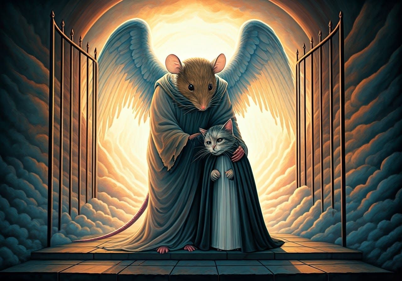 A large mouse as the Angel of Death standing at the gates to heaven, consoling and hugging an old weary cat travelling into eternal paradise...
