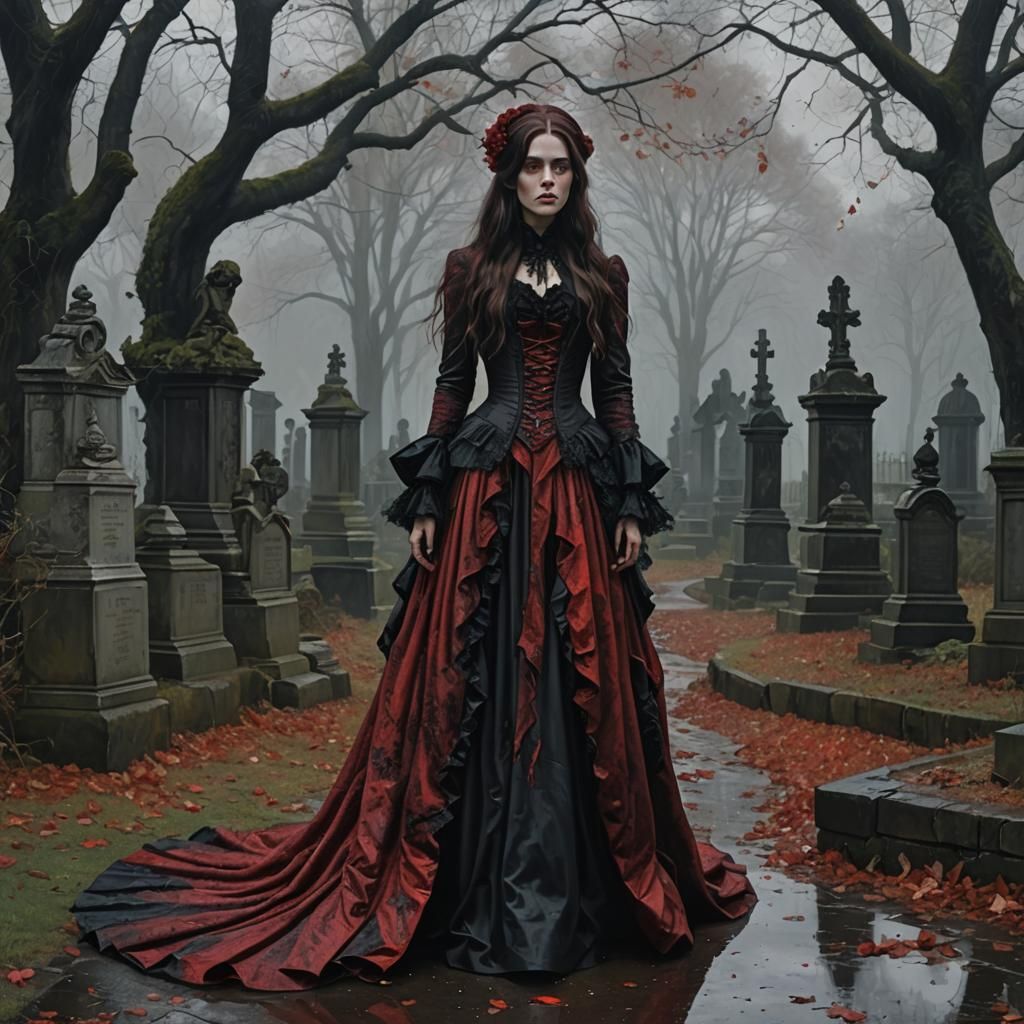 Baroque Lady in Long Red Black Gothic Gown with Translucent...