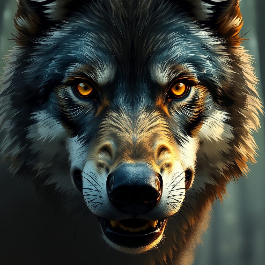 Wolf's Fierce Closeup in Moody Forest Landscape