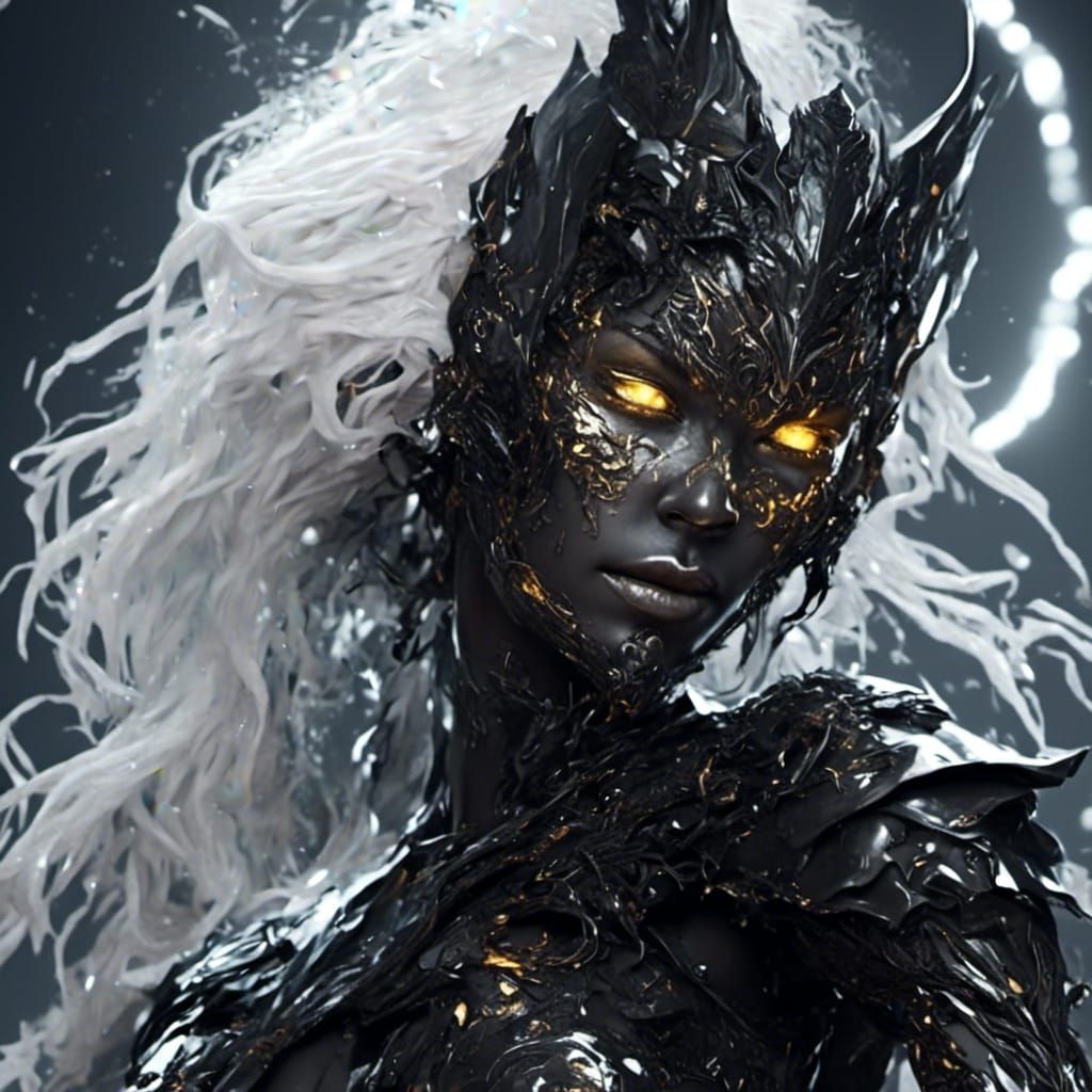 ((black Hues))(alluring, smirk) (Detailed face, Metallic eyes, body shimmering )(Electric lighting) (Caught you watching me, ) <lora:Enjoyme...