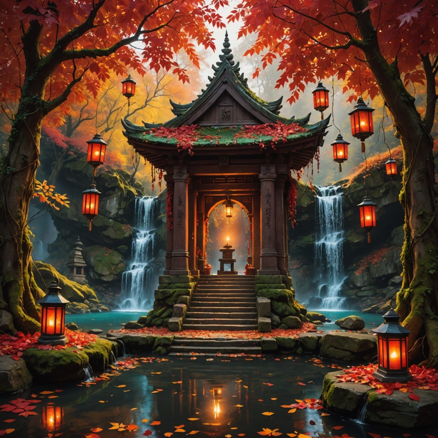 Hidden Shrine by the Waterfall — ancient shrine covered in vines and red leaves, water cascading behind, ...  by @Mavka_a_spring_spirit