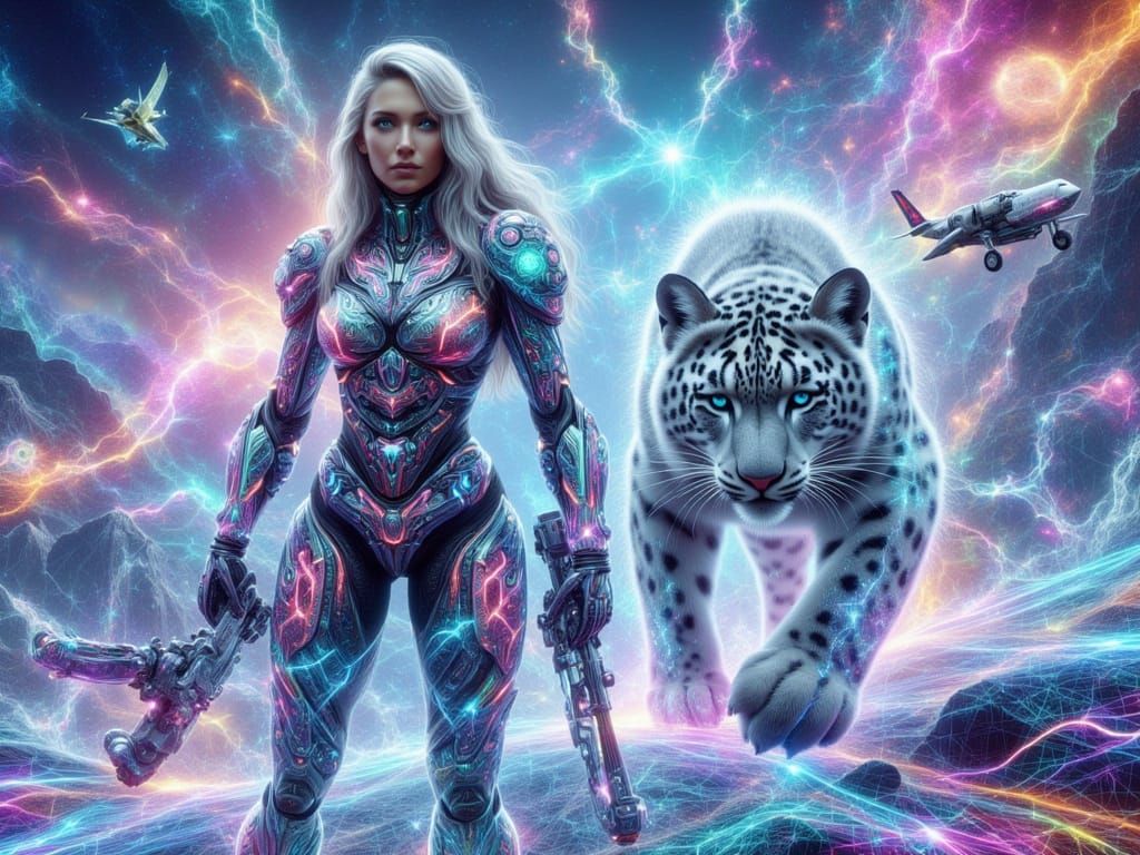 <lora:FiosQuantumFractal:1.0> Cybernetic woman and Snow Leopard in chaotic electric winterscape
