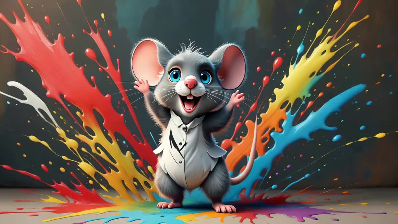 Whimsical anthropomorphic mouse with large pink ears, long pink nose, expressive blue eyes, and tossled dark gray-and-wh...