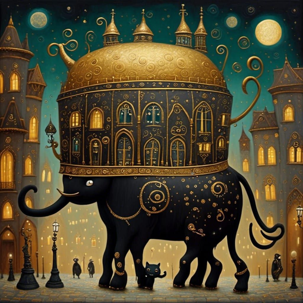 <lora:Elephant Tea:1.0> Black Elephant City in the style of Gustav Klimt 