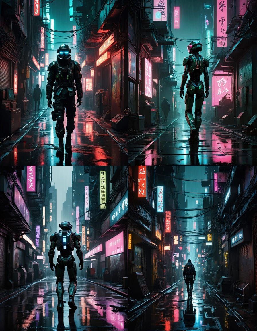 A lone figure wearing sleek futuristic exoskeleton, illuminated by neon lights, walking through a narrow, rain-soaked cy...