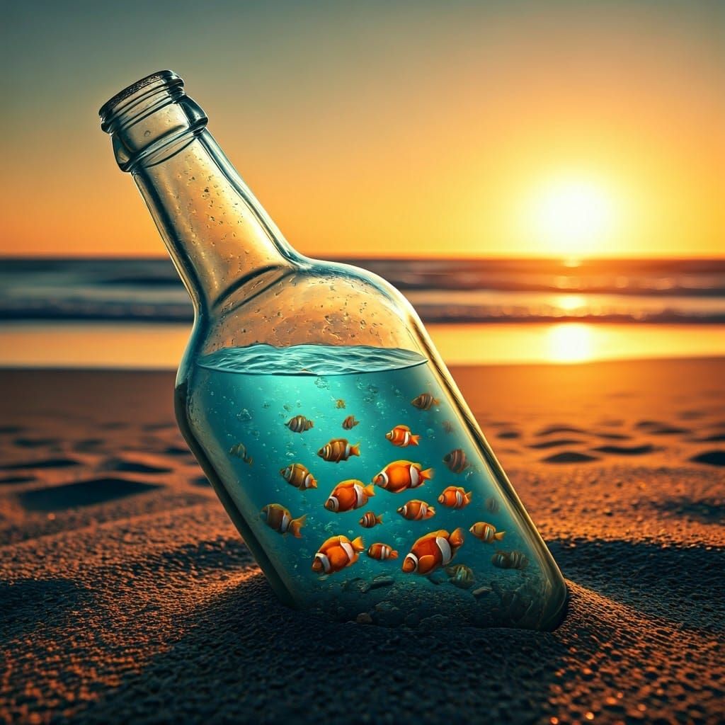 Glass Bottle Shines with Swarming Fish in Sunset Glow