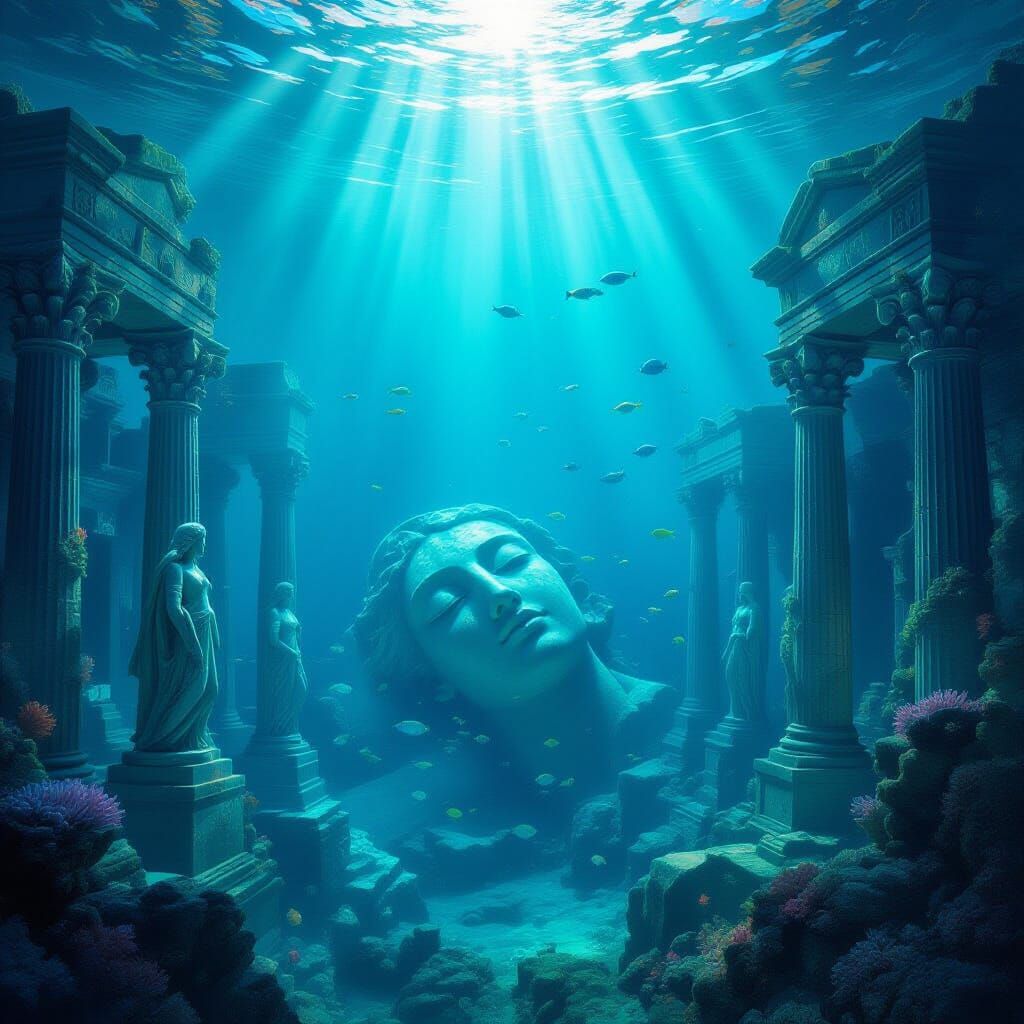 A breathtaking, high-fantasy scene of a forgotten, sunken city at the bottom of a vast, tranquil ocean. Sunlight pierces through the deep bl...
