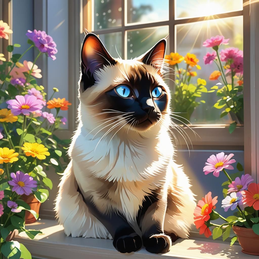 Intricate Siamese Feline in Vibrant Garden Scene