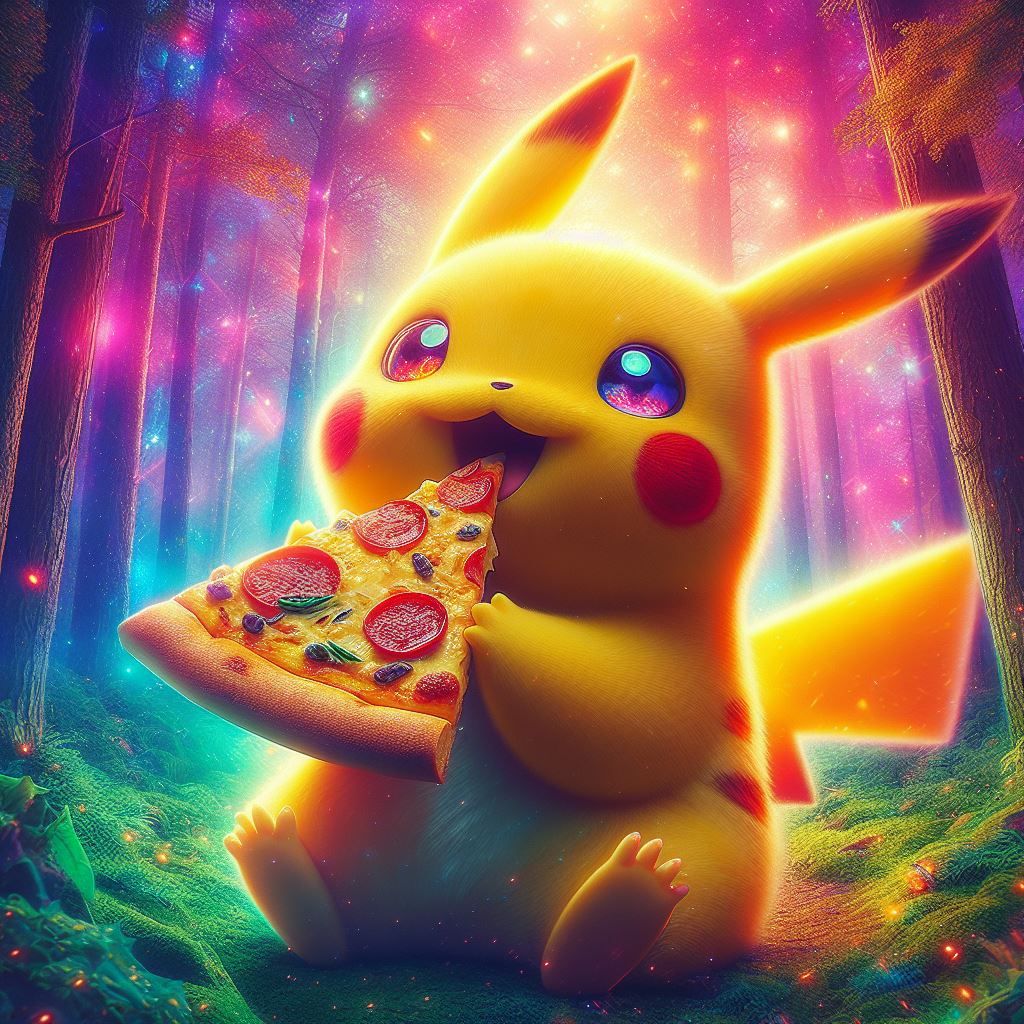 Pikachu eating a Pizza