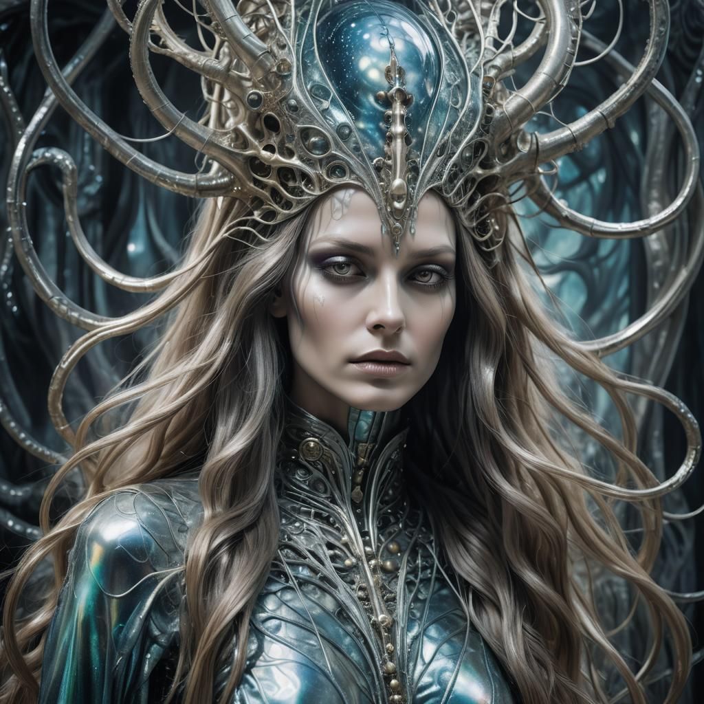 Surrealism. Close-up portrait. A statuesque woman with long, flowing hair and regal attire stands in a mystical, dreamlike environment. Soft...