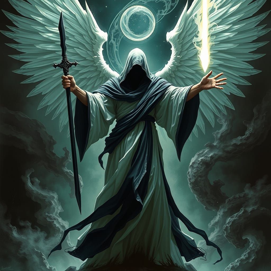 The angel of death is great and powerful, he holds a dark and light blade in his hands, and around him ...  by @Listik