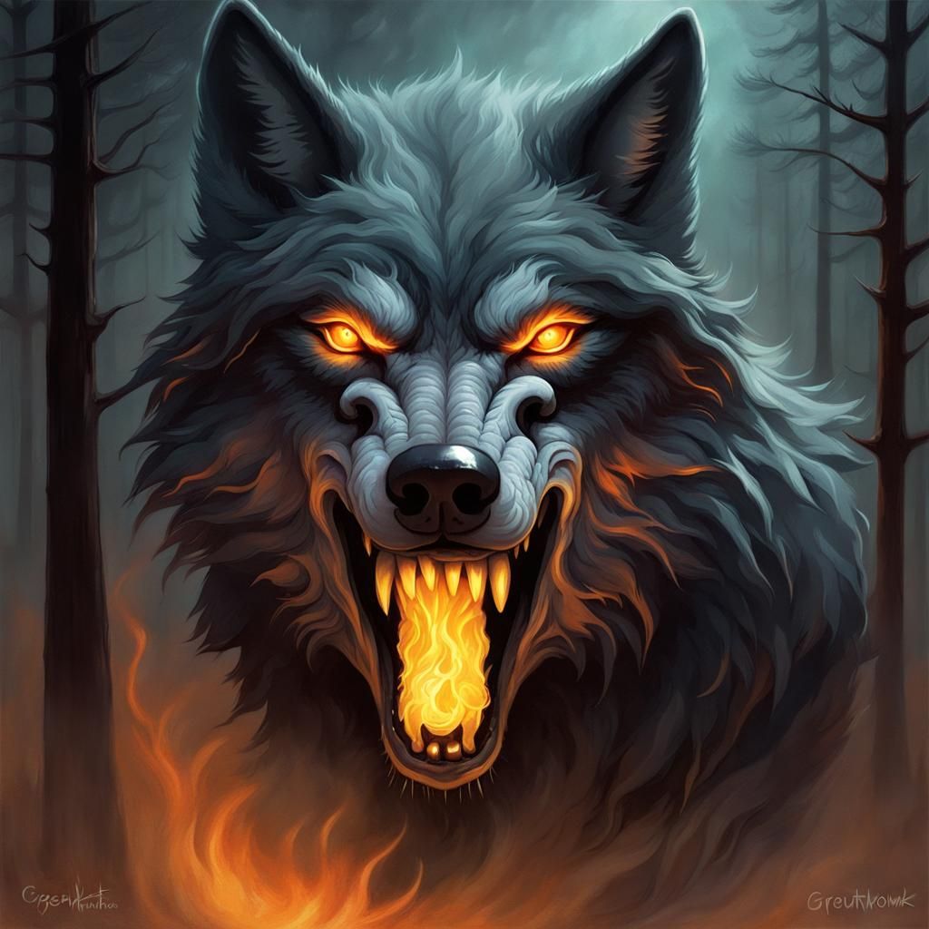 smokey wolf with glowing eyes growling sinister by Greg Rutkowski - AI ...