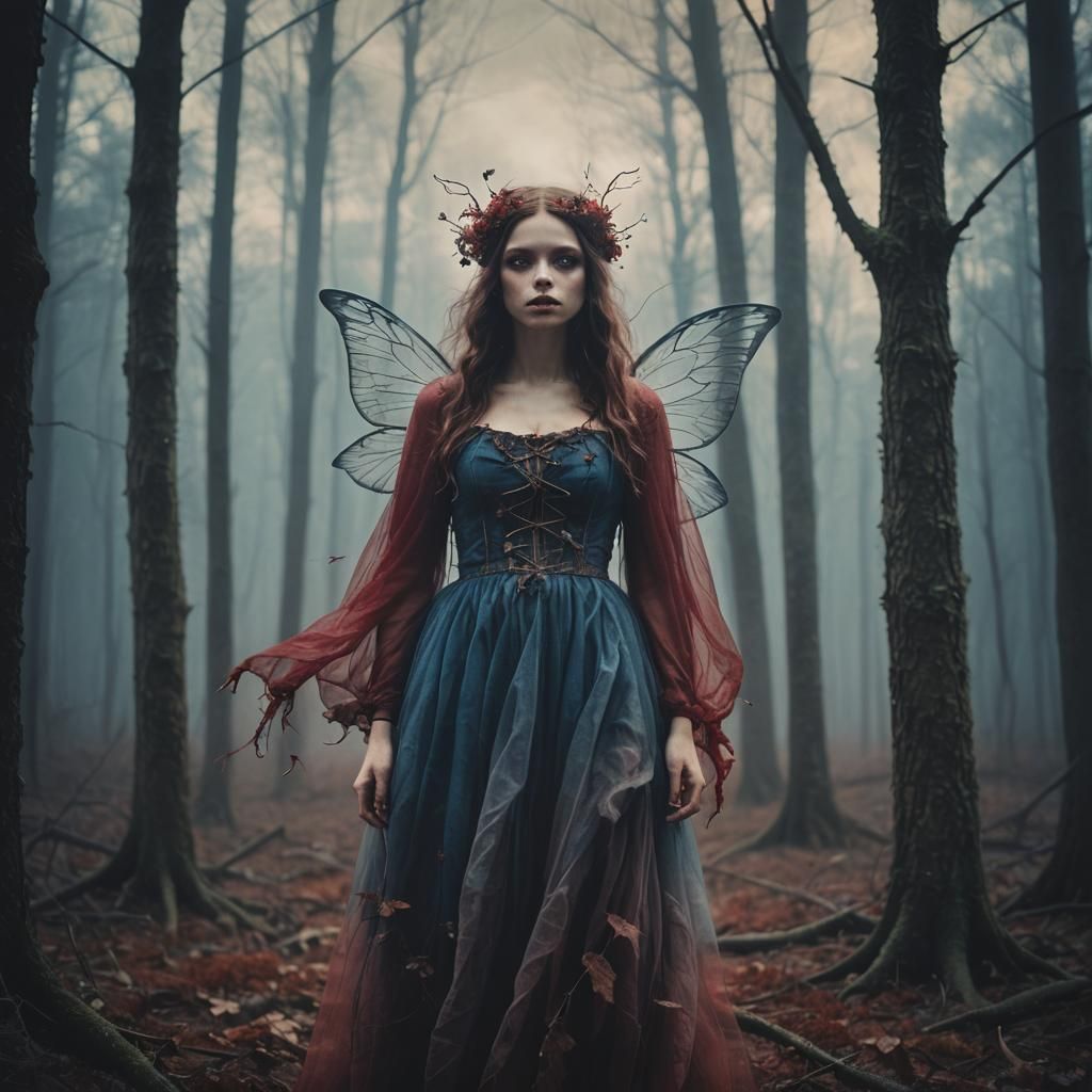Surreal Fairy in a Haunting Forest Scene