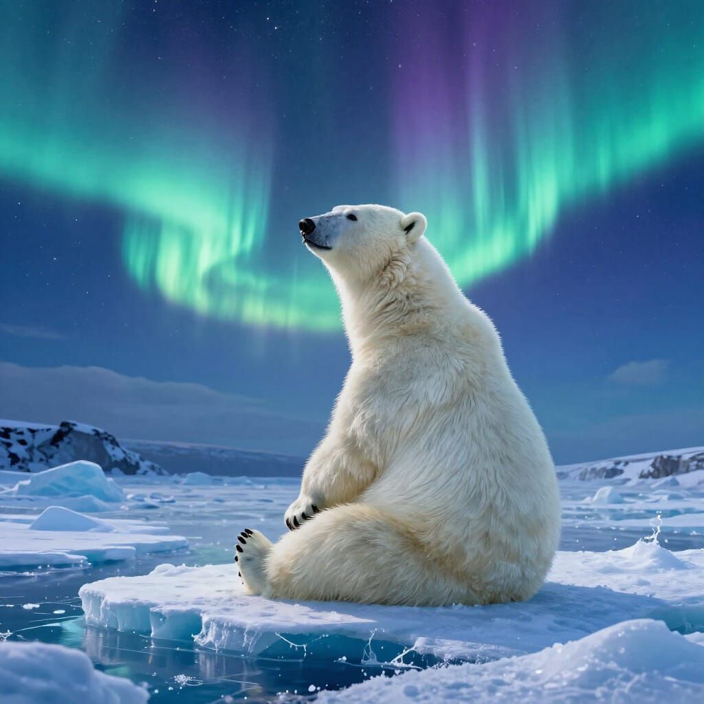 Polar Bear Under Northern Lights