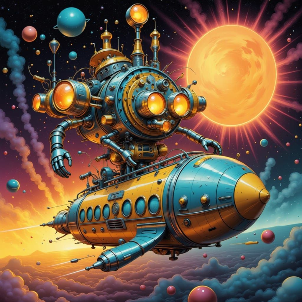 <lora:Shyvibes:1.0> A whimsical, steampunk-inspired robot with intricate brass gears and glowing vacuum tubes, piloting a retro-futuristic r...