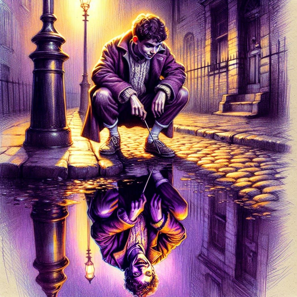 Colored Hyperrealistic Art Portrait With Ink Linework Ornament Elements.A teenage boy squats on the curb of a cobblestone street in London...