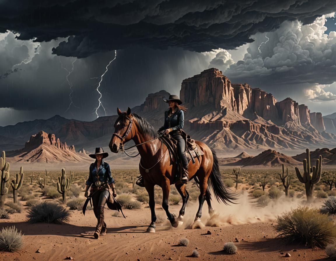 Cowgirl walking with horse, desert, mountain range, dark storm clouds