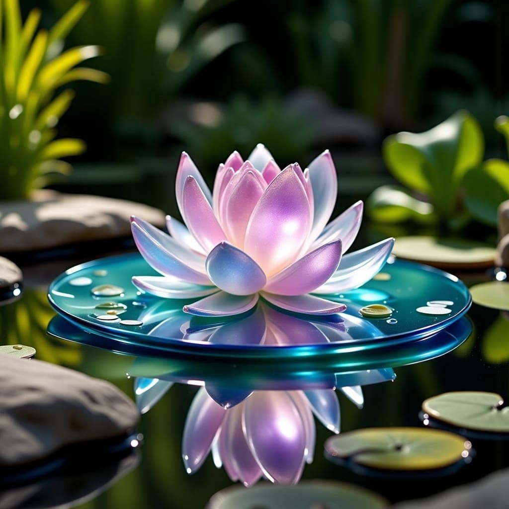 an iridescent glass lilypad with a pink quartz flower floating in a garden pond <lora:Smooth Statues:1.0> 
