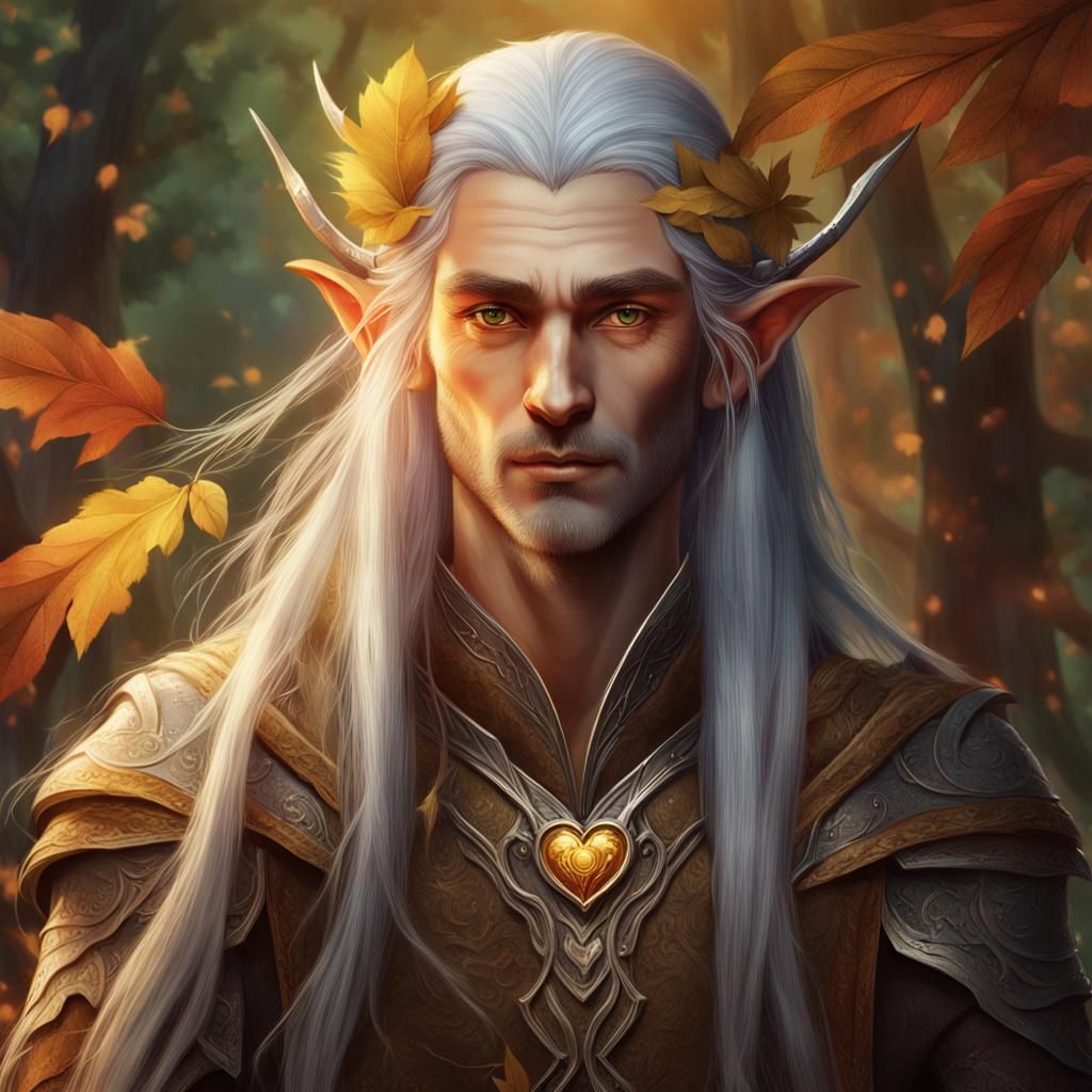 Elven portrait of a wood elf with long silver hair and golden eyes 