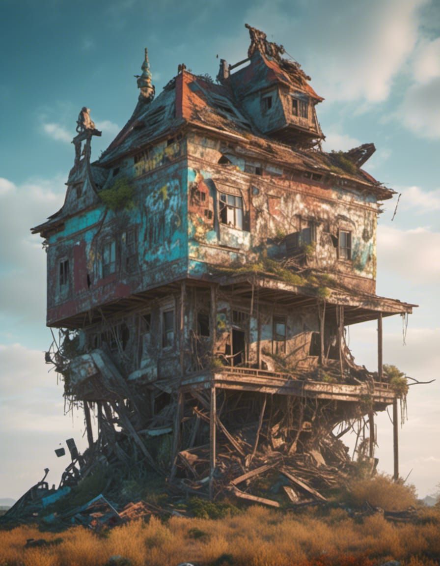 insanely detailed abandoned house built on top of liberty statue dystopian post-apoclyptic future <lora:Dystopian:01.3>, sea coast, sharp fo...