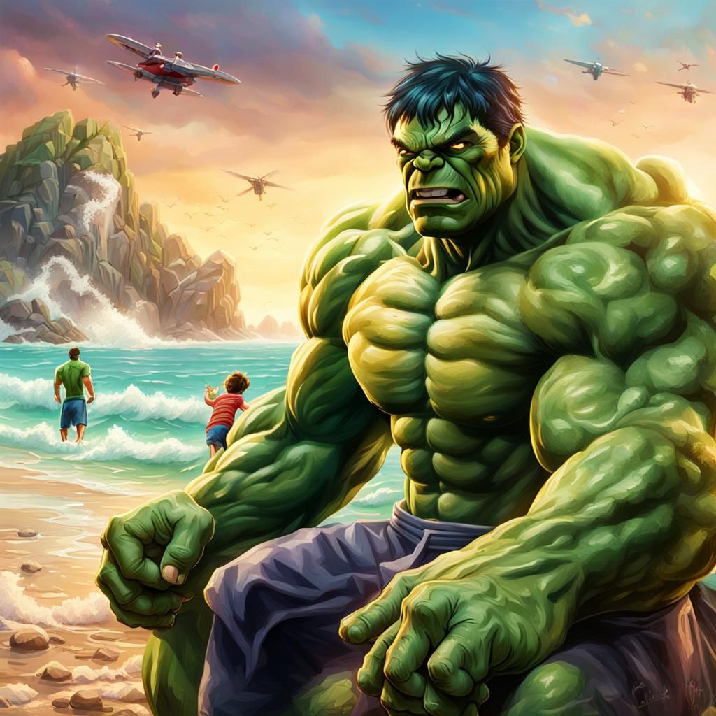 Hulk on a beautiful beach vacation with his wife and kids Hyperrealistic, splash art, concept art, mid ...  by @Oom Lilo