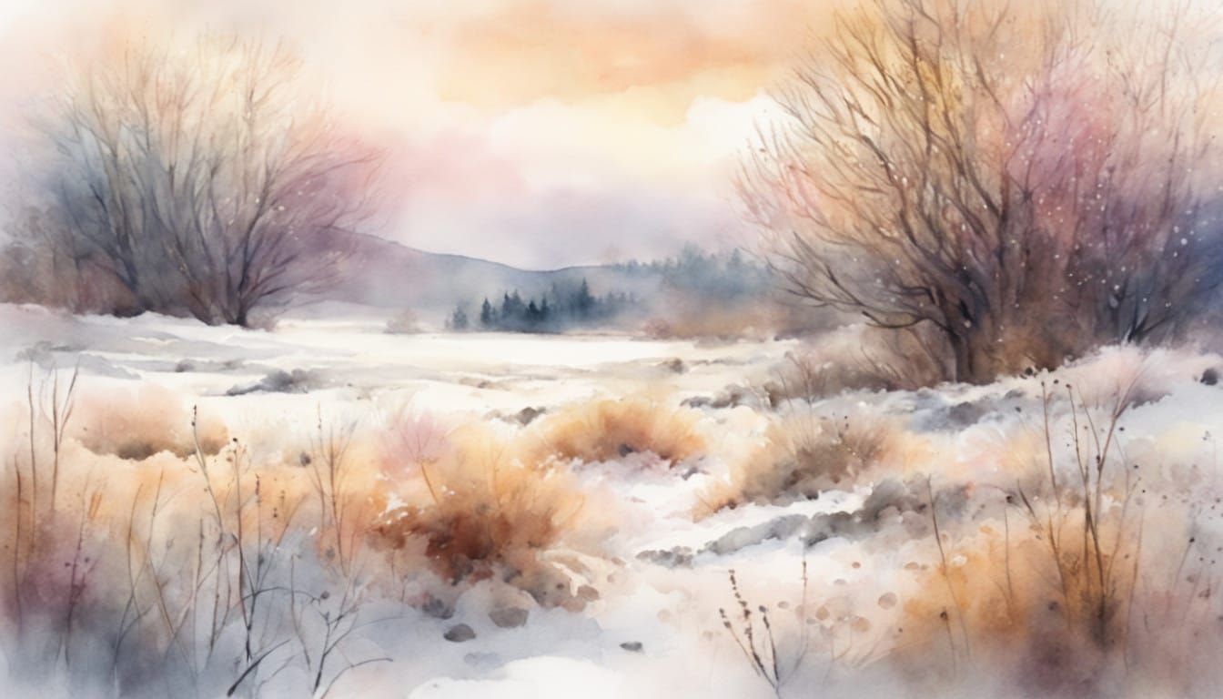 Ethereal Winter Meadow Watercolor Scene. Beautiful watercolor image depicts a meadow set in a rich, gothic ...  by @Mr Classics