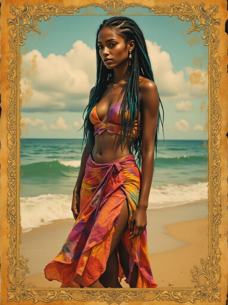 <lora:UrbanMemory:1.0> Create an image of a stunning dark-skinned woman standing barefoot on a golden beach at sunset. Her braids are long, ...