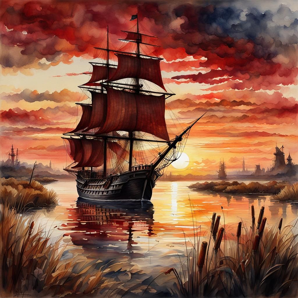 Dutch sailing ship with dark red sails  by @Angelika