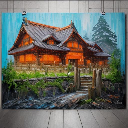 Ancient Houses Amidst Wood Piles in Neo-Impressionist Style