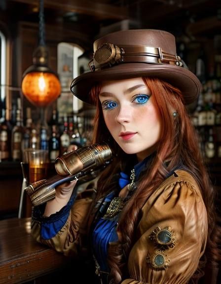 <lora:steampunk:1.0> portrait of pretty steampunk  woman, blue eyes,  brown  hair , red  dress, hat  ,bar, drinking"" steampunk engine 