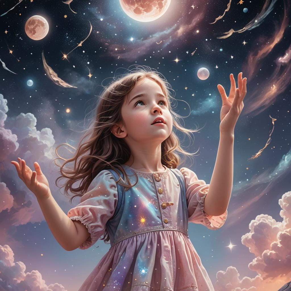 Enchanted Girl Drifts Among Starlight Whispers