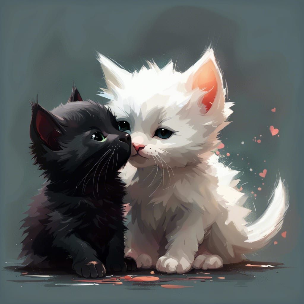 Cute Black Kitten Kisses White Kitten in a Fantasy World