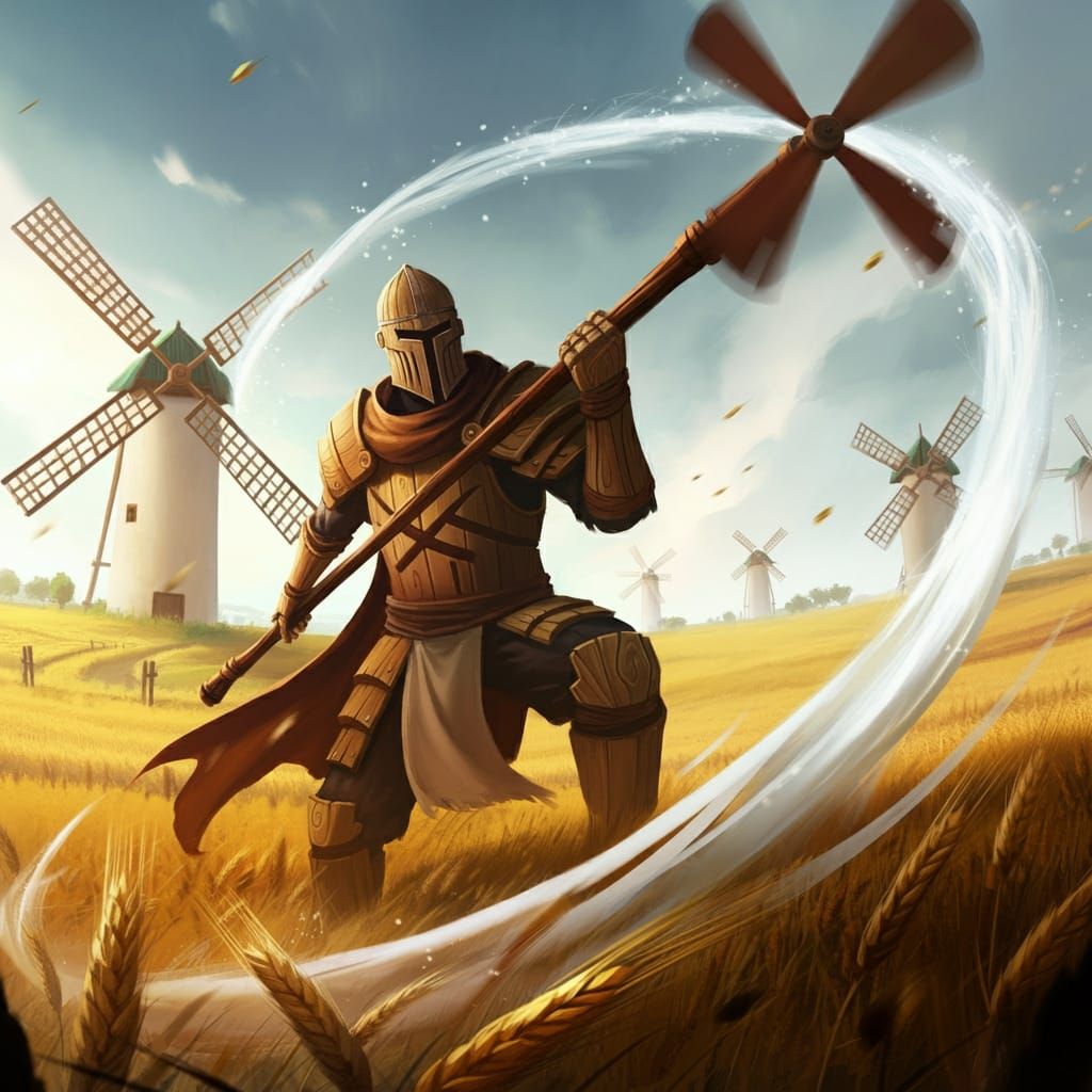 Air bending propeller staff warrior in windmill grain house farm