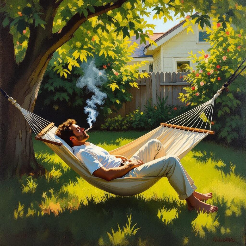 Man Relaxing in Hammock, Late Afternoon Light