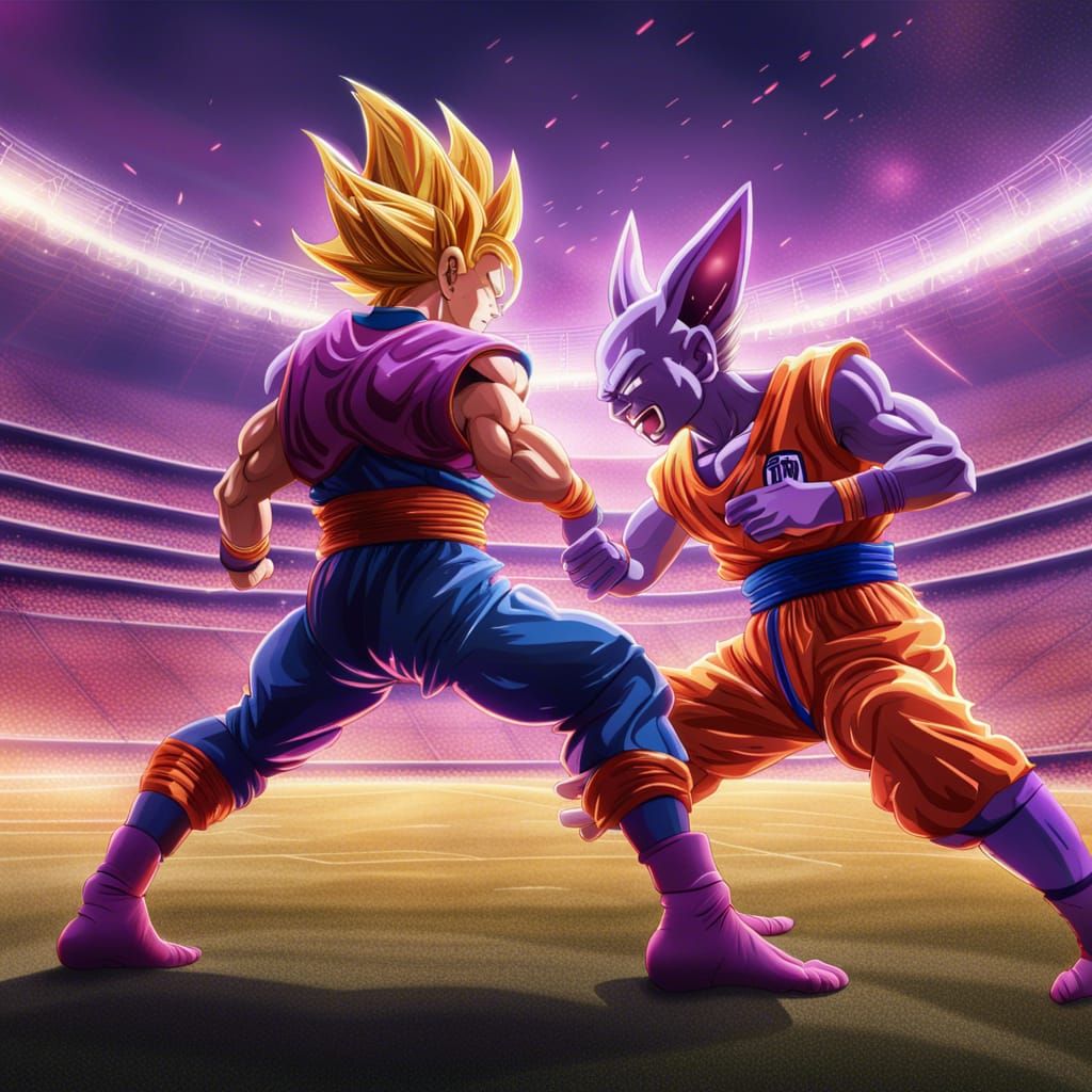 goku fighting in sweat against beerus at football stadium highly