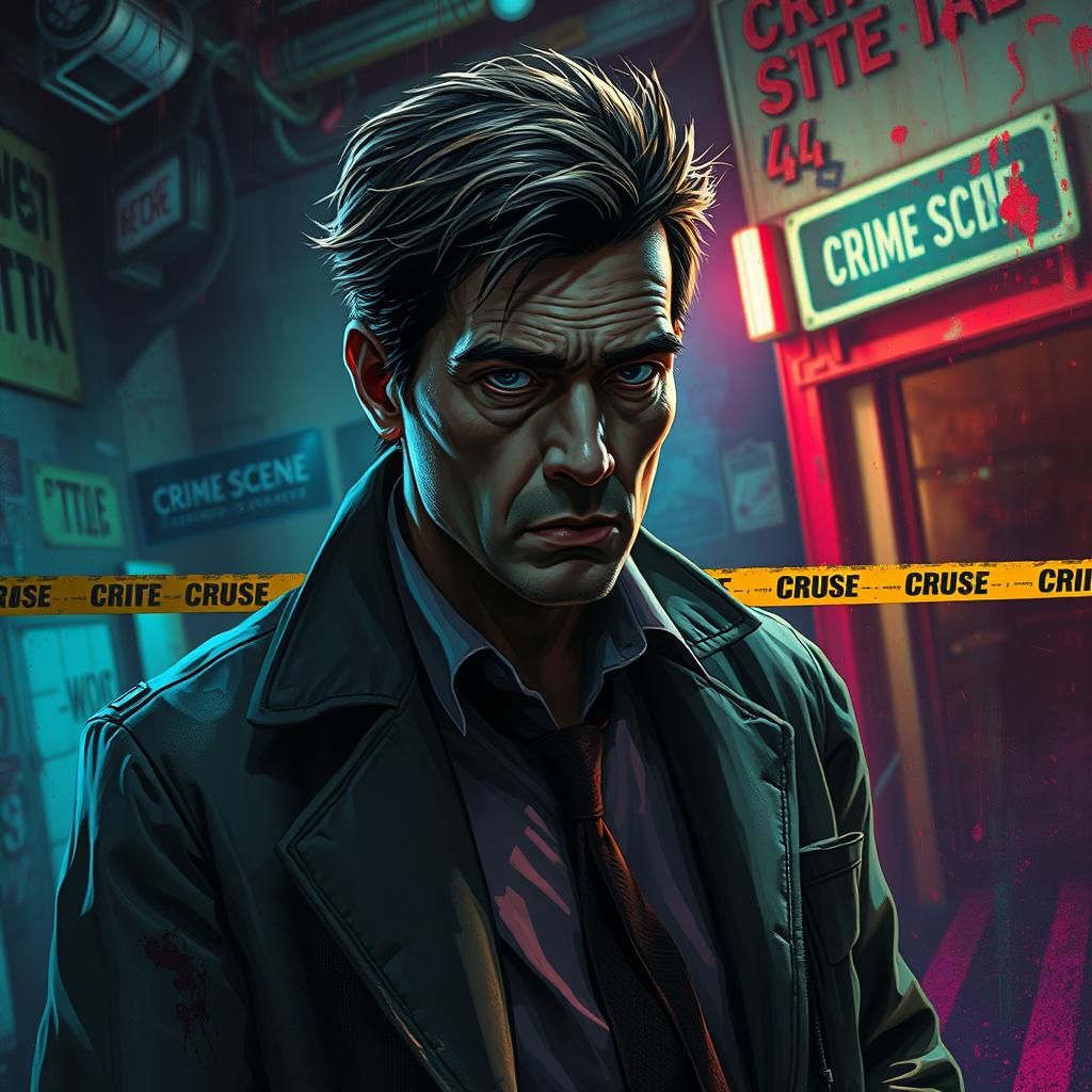 Intense Detective Amidst Neon Hues and Gritty Hyperrealism
