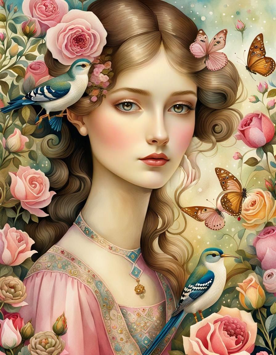 Elegant Victorian Lady in a Whimsical Pink Rose Garden