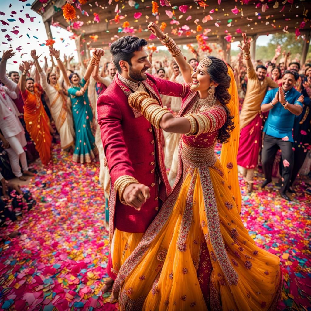 Confetti made of colourful flowers in Indian weddings

Hyperdetailed realistic HDR beautiful couple in ...  by @ErenaB