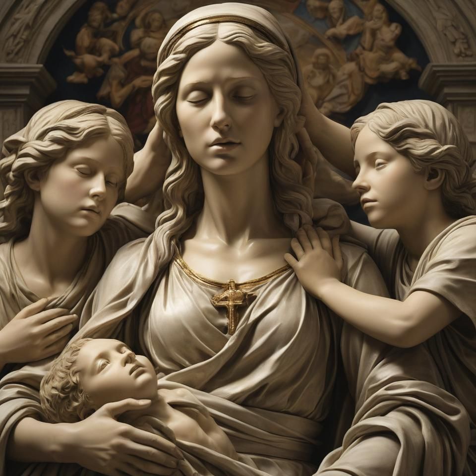 A poignant and visually captivating artwork inspired by the 'Pietà' in the Vatican. Emulate the serene yet emotional com...