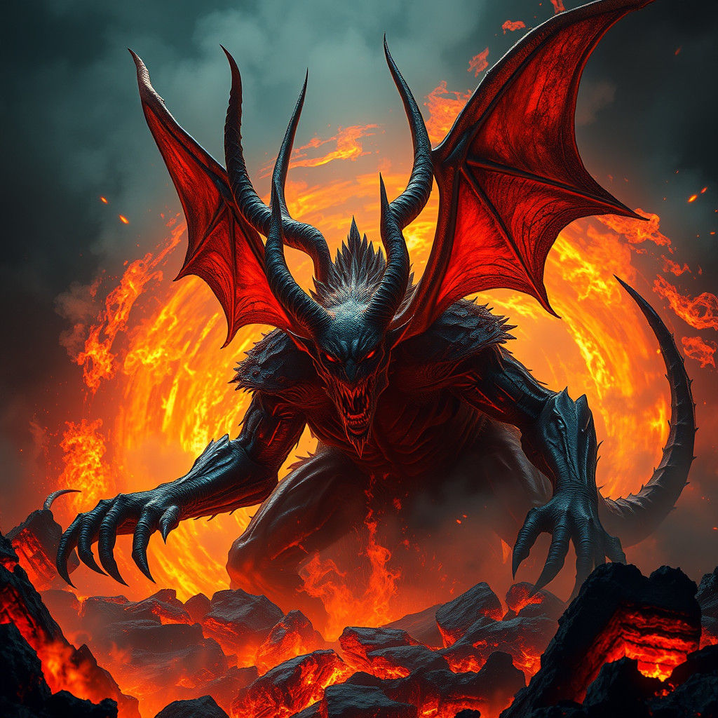 Horned Devil Emerges from Hellfire Abyss in Cyberpunk Style