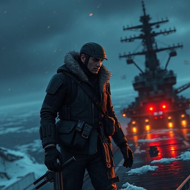 THE WINTER SOLDIER STANDING ON THE DECK OF AN AIRCRAFT CARRI...