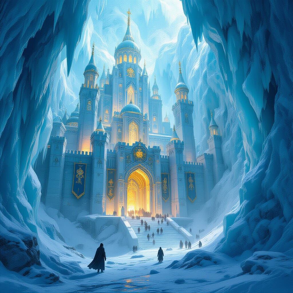 A grand frozen citadel deep beneath ancient ice.  by @Cute dog