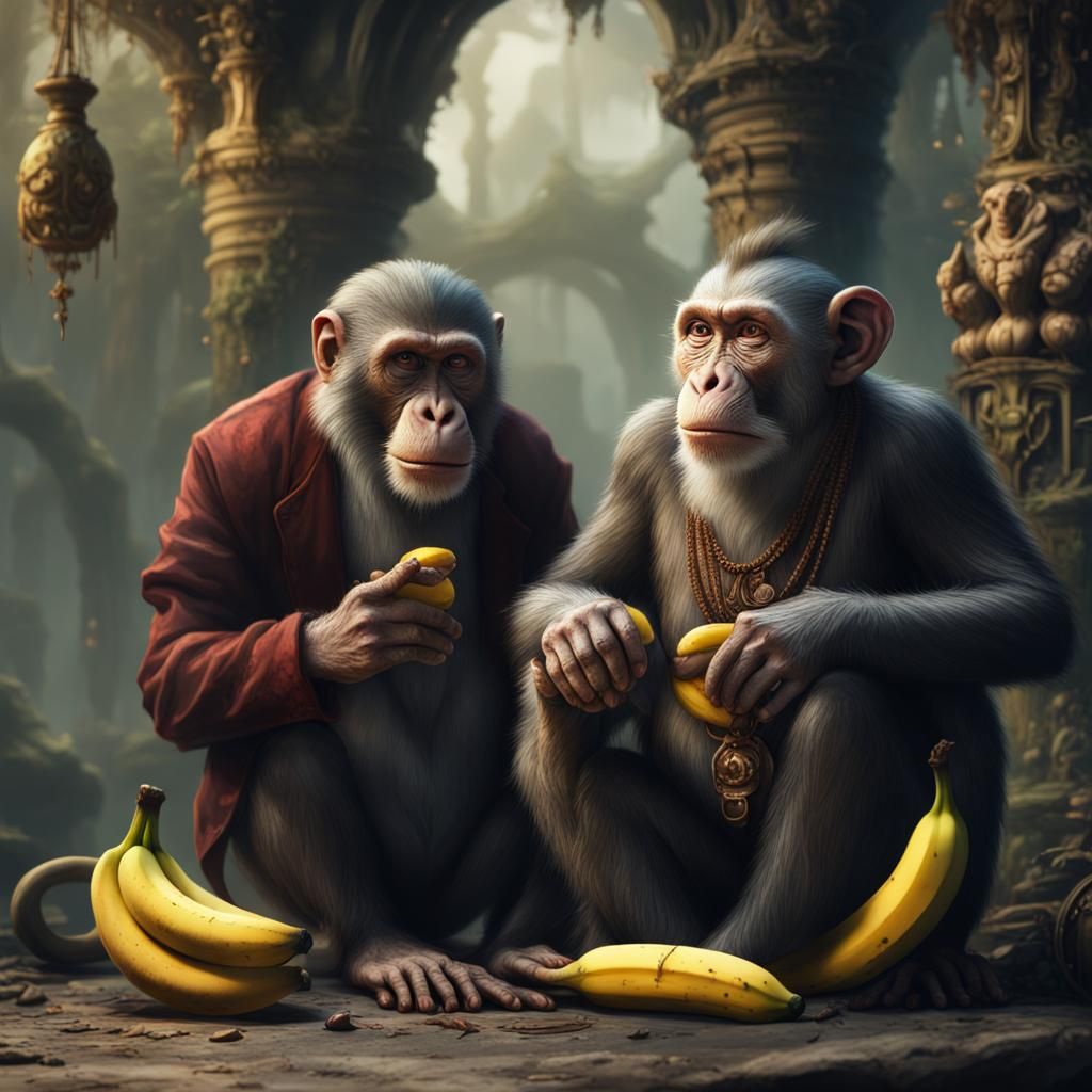 Fantastical Jungle Scene with Old Man and Monkey Sharing Ban...
