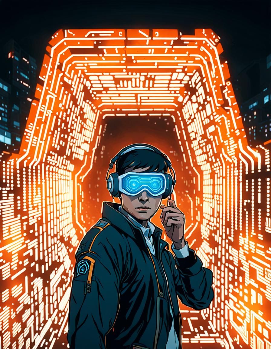 Cyborg neo ai netrunner running through a portal of extremely real ai ...
