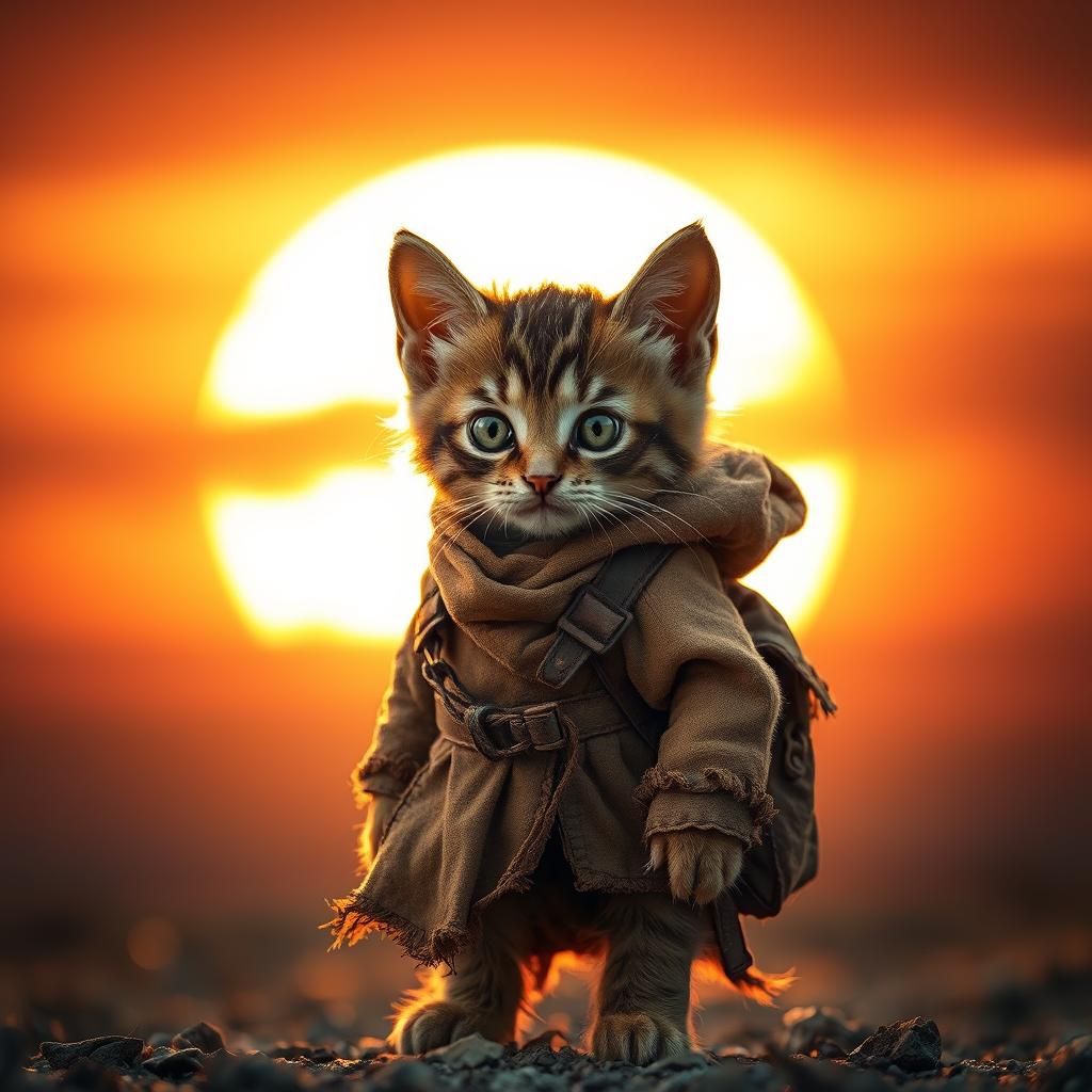 A cute kitten I ragged robes with backpack ready for journey
