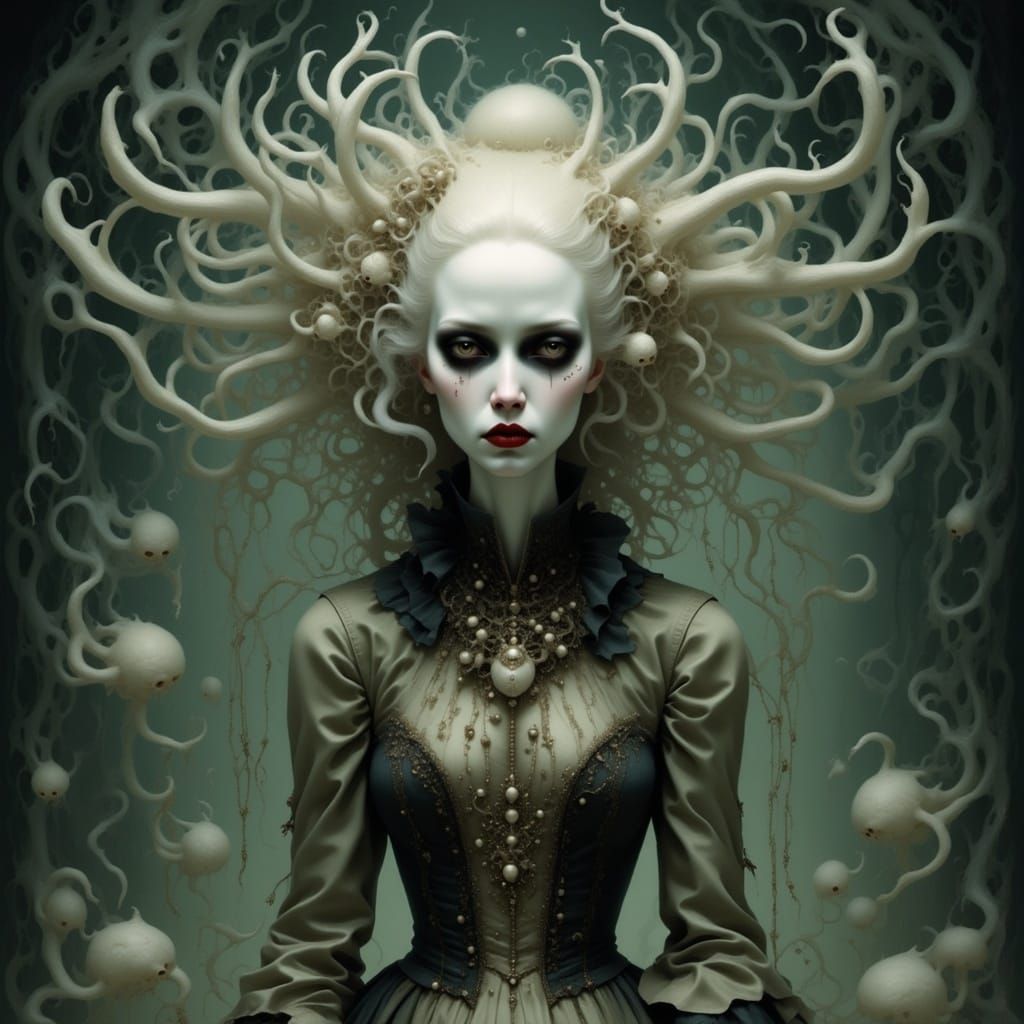 Portrait of a ghoul girl in the fog <lora:QueenieToo:1.0> 