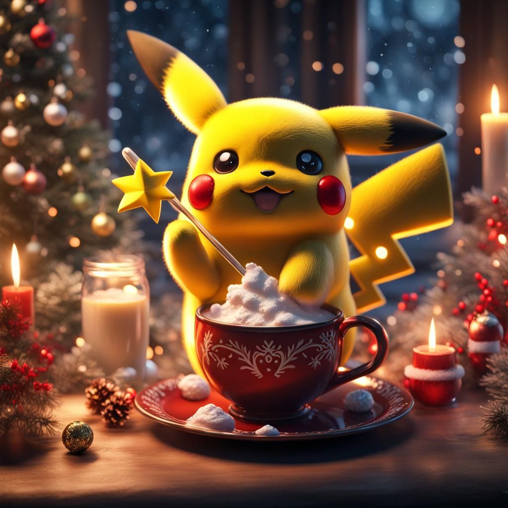 cute fluffy pikachu enjoying a hot chocolate on christmas - AI ...