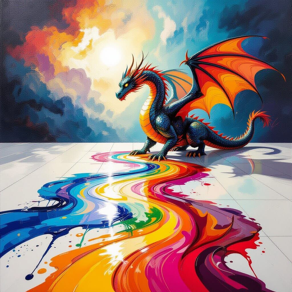 Surreal Oil Painting: Dragon Emerges From Spilling Paint